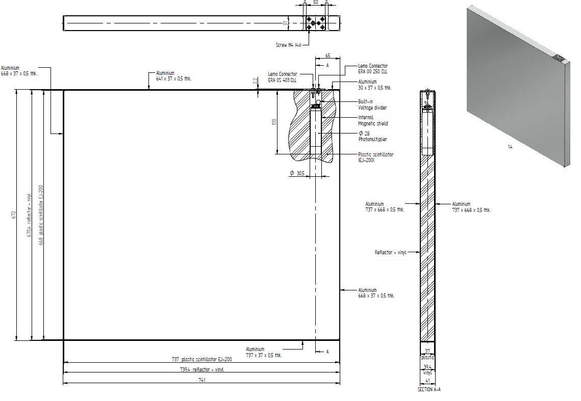 Engineering drawing and render of a large flat plastic scintillator panel with a built-in voltage divider and edge PMT.