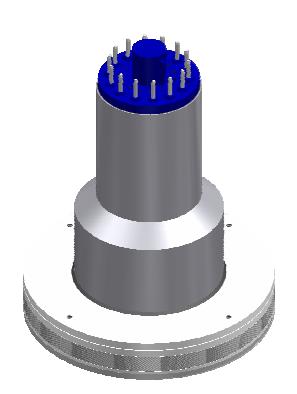 Render of a thin large-area plastic disc detector with a wide flat base and a PMT tower.