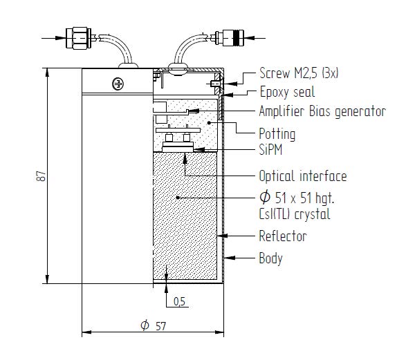 Labeled cross-section of an S-style detector with a 51 by 51 mm CsI(Tl) crystal, SiPM, and amplifier bias generator.