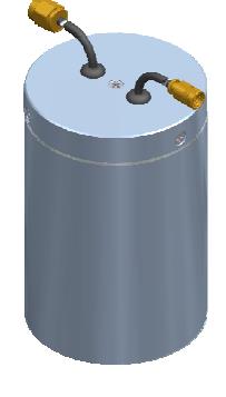 Render of an S-style SiPM detector, a compact cylindrical can with two cable connectors on top.