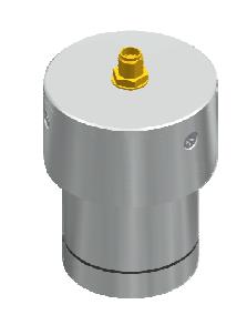 Render of a compact S-style SiPM detector with a single gold SMA-type connector on top.