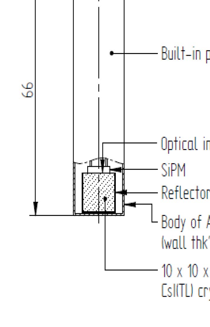 Labeled cross-section of a small SiPM detector built around a 10 by 10 mm CsI(Tl) crystal.