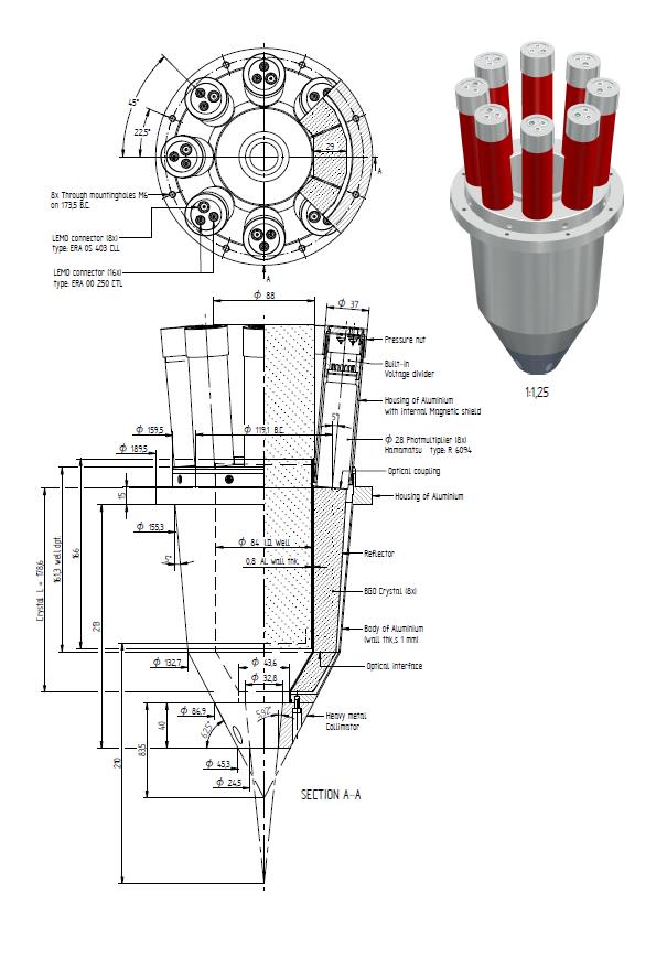 Labeled cross-section and render of a custom eight-PMT BGO crystal array with a heavy-metal collimator.