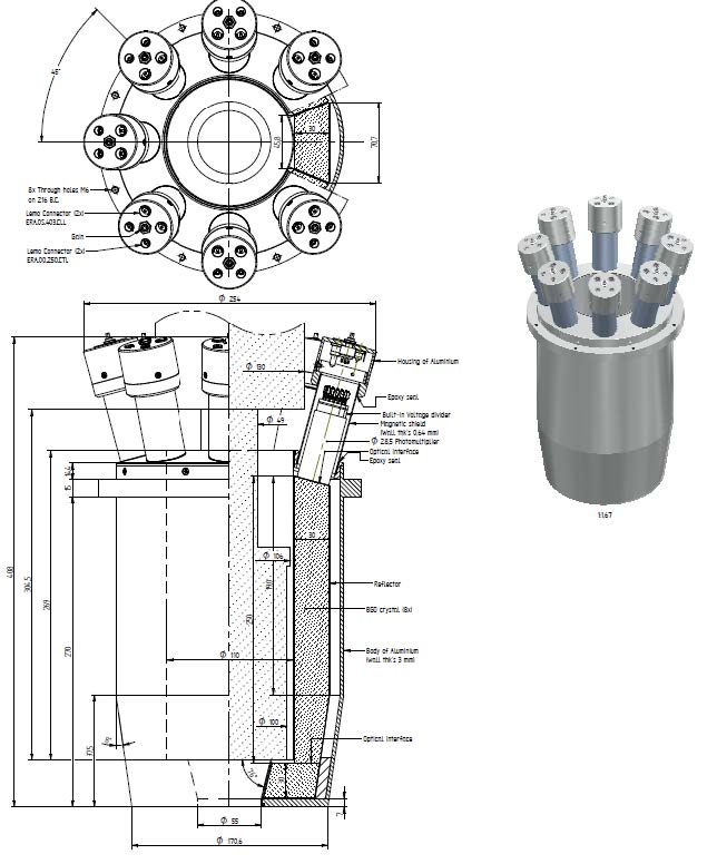 Labeled cross-section and render of a custom eight-PMT BGO well-type array detector.