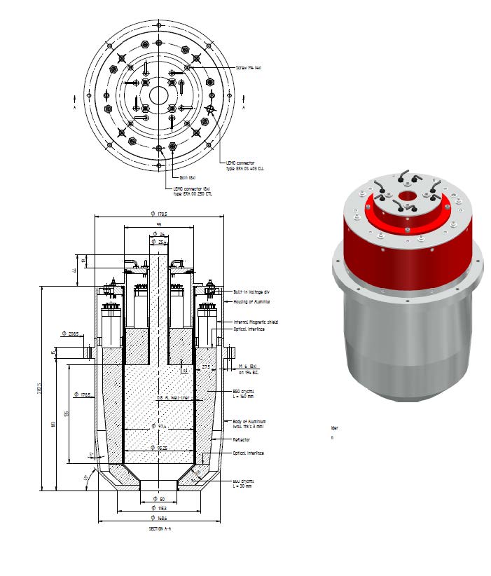 Labeled cross-section and render of a custom multi-PMT BGO well detector with a central through-hole.