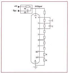 Compact voltage divider schematic showing the dynode chain and coupling capacitors.