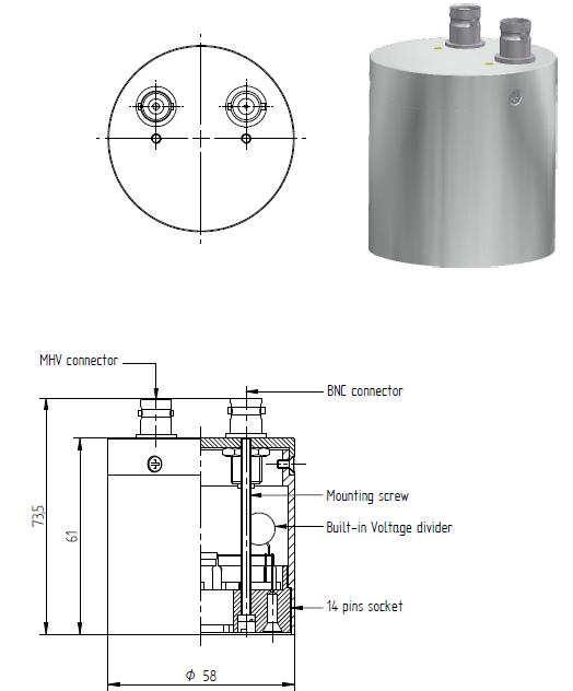 Detector cross-section showing MHV and BNC connectors and the built-in voltage divider.