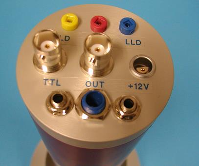 Detector head connector panel with TTL, OUT, +12V, and LLD connectors.
