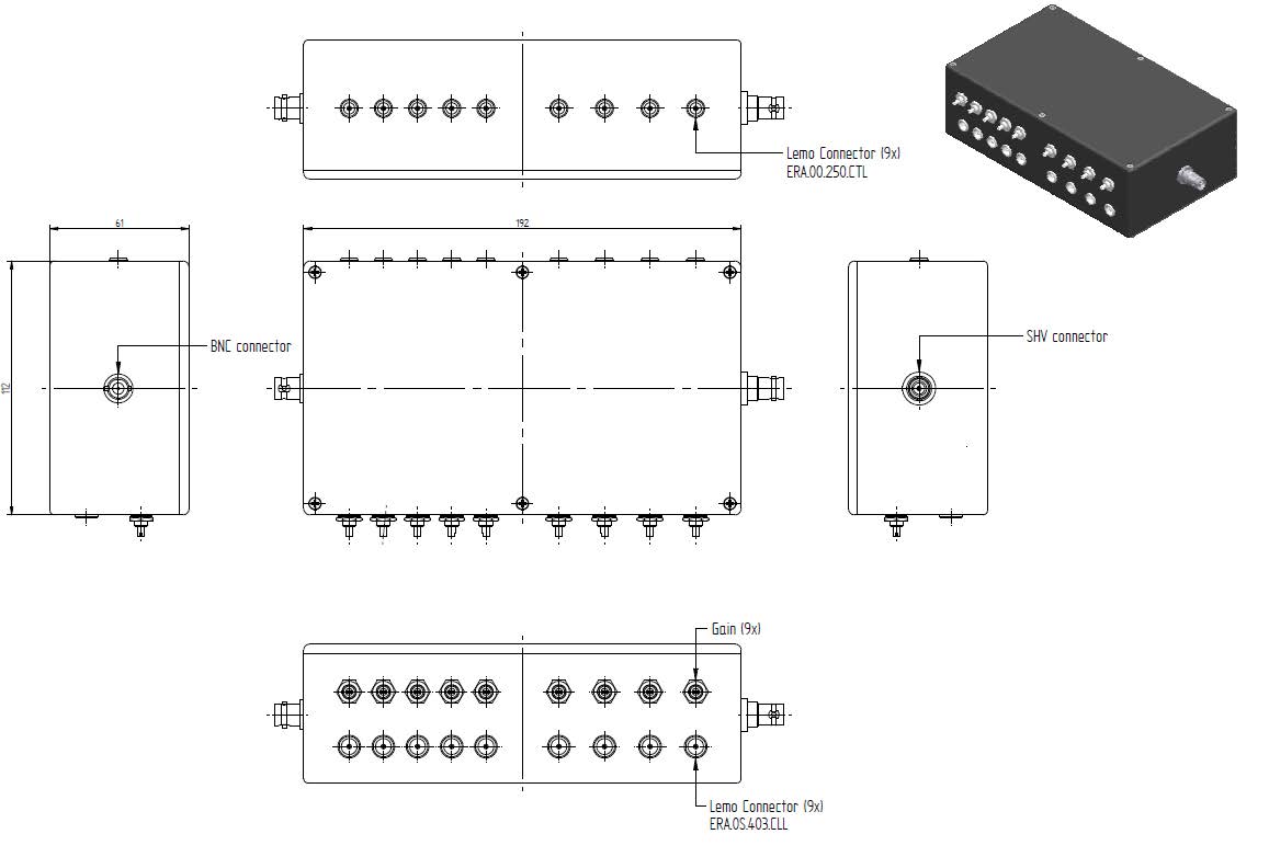 Multi-channel divider box with BNC, SHV, and per-channel gain connectors.