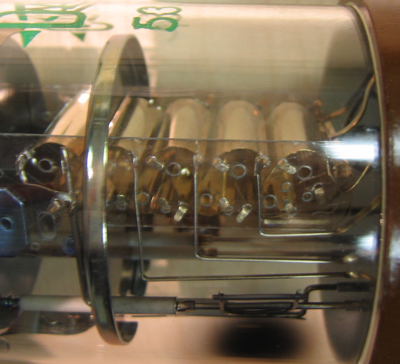 Interior dynode structure of a photomultiplier tube showing the cascade of electrons between stages.