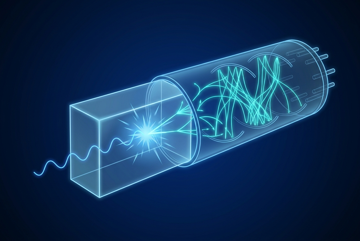 A photomultiplier tube turns the scintillator's light flash into a measurable electron cascade.