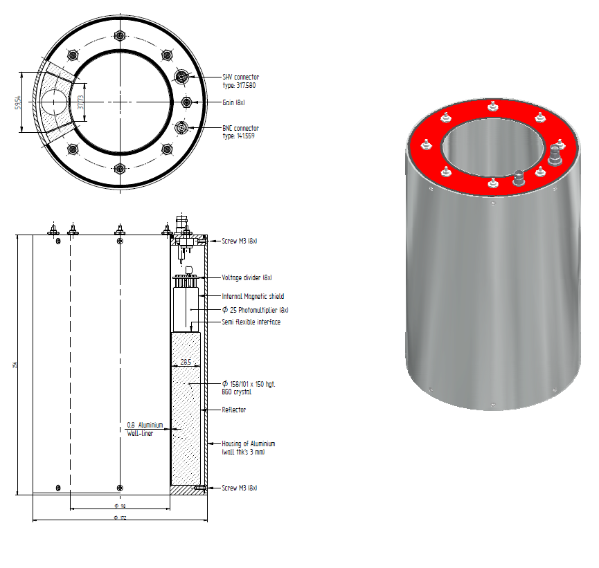 Standard B-style detector cross-section: hermetic aluminum housing, optical window, PMT coupling.