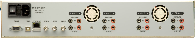 Model 508 rear panel showing RS232, USB, Ethernet, Sync, Trig and Interlock inputs and per-channel Measure and Output terminals
