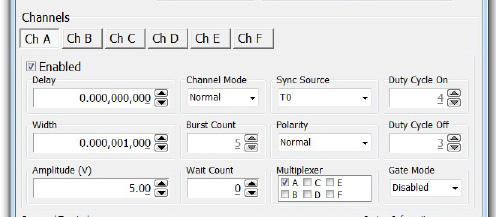 Channel Parameters Sub-Menu for Model 525 showing Delay, Width, Amplitude, Channel Mode, Burst Count, Wait Count, Sync Source, Polarity, Multiplexer, Duty Cycle, and Gate Mode controls