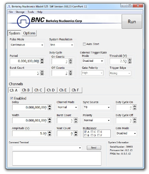 Main BNC GUI interface for the Model 525 showing System and Options tabs, trigger selection, and per-channel controls