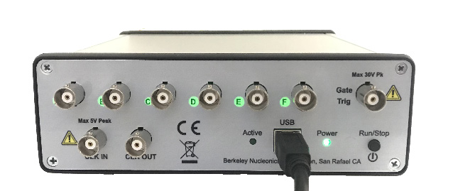 Model 525 rear panel showing six backlit channel outputs (A through F), CLK IN and CLK OUT (Max 5V Peak), Gate / Trig input (Max 30V Pk), USB connector, Active and Power indicators, and Run/Stop button
