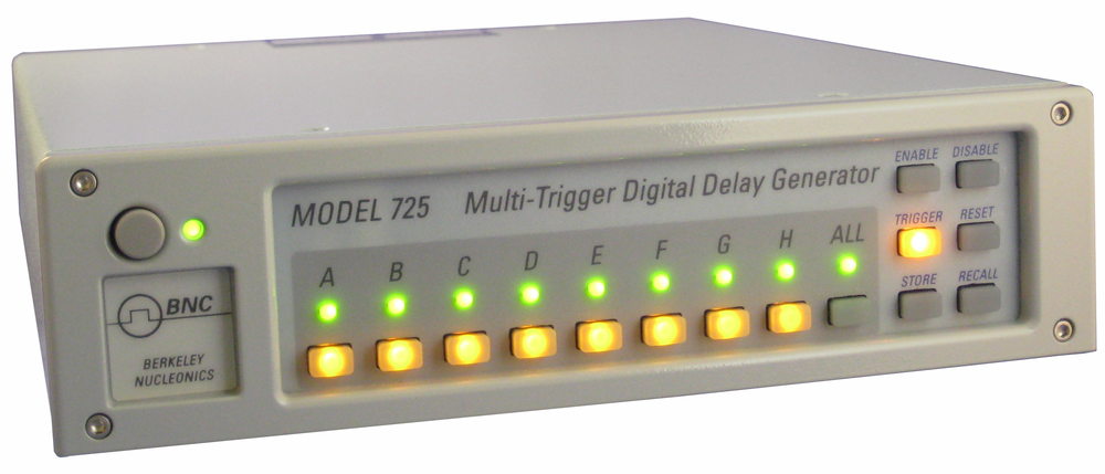 Berkeley Nucleonics Model 725 front panel with channel A through H status LEDs and ALL indicator