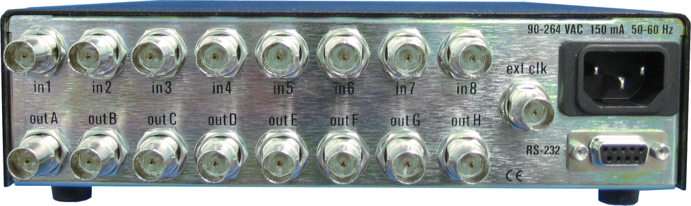 Model 725 rear panel showing eight BNC inputs, eight BNC outputs, external clock, RS-232 connector, and AC power inlet