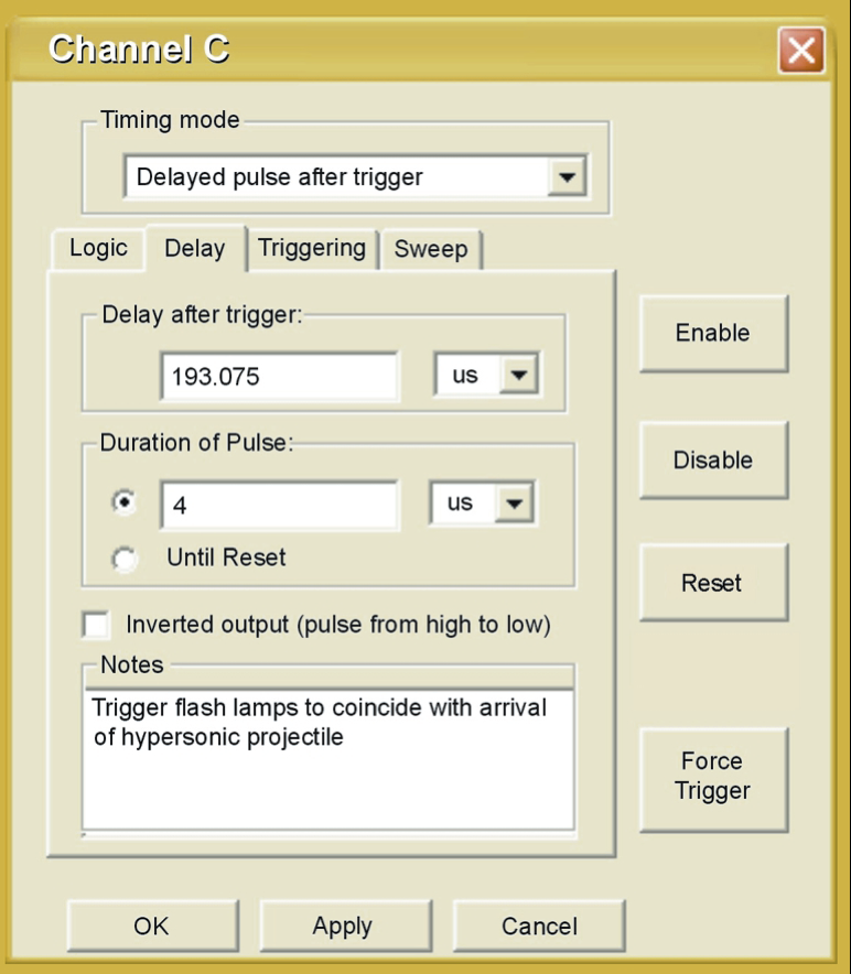 timerPRO channel settings dialog with Logic, Delay, Triggering, and Sweep tabs