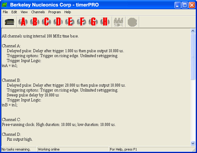 timerPRO Windows interface listing each channel's timing mode, delay, pulse output, and trigger input logic