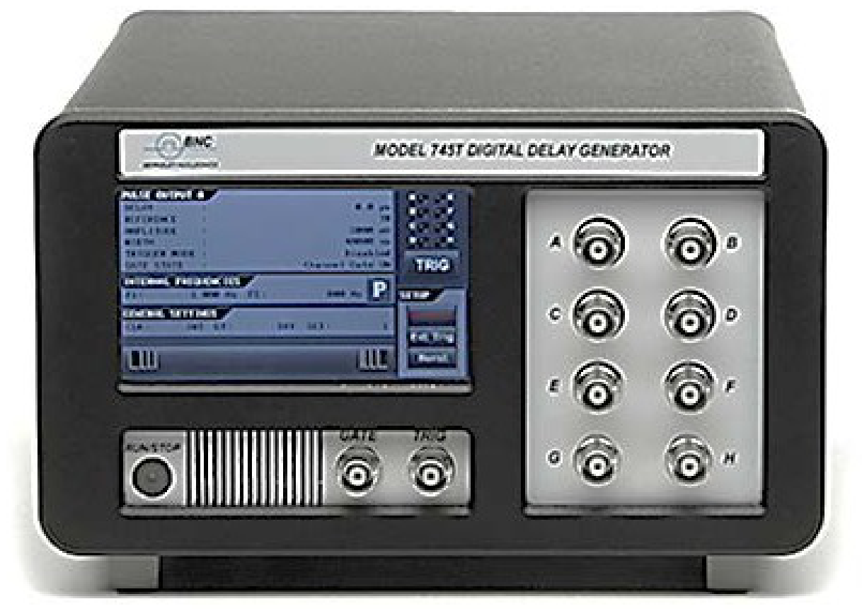 Berkeley Nucleonics Model 745T 4/8 channel pulse and delay generator, front panel showing the touchscreen and channel A to H BNC outputs