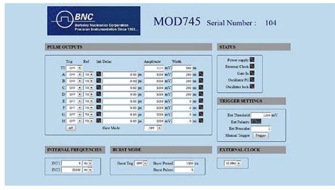 Model 745T embedded web server setup page showing per-channel delay, amplitude, polarity, width, trigger settings, internal frequencies, burst mode, and external clock
