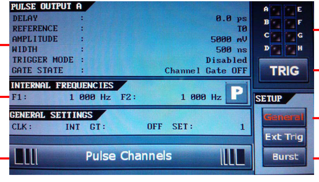 Model 745T touch screen main menu showing pulse output settings, internal frequencies, general settings, and trigger controls