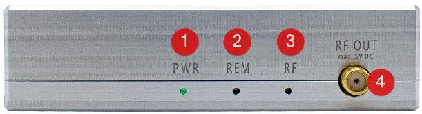 Front panel with PWR, REM and RF indicators and SMA RF OUT, 805-M