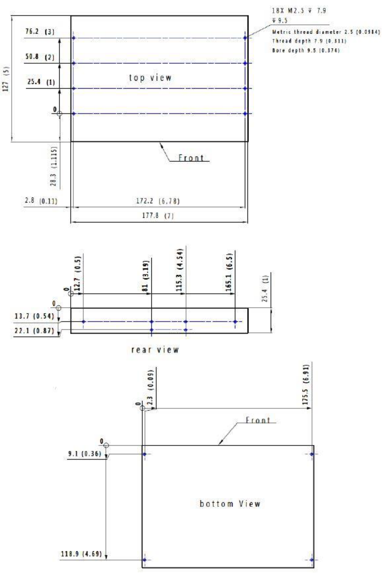 Model 805-SG mechanical outline drawing showing top, rear, and bottom views with dimensions in millimeters and inches, and 18x M2.5 mounting thread detail