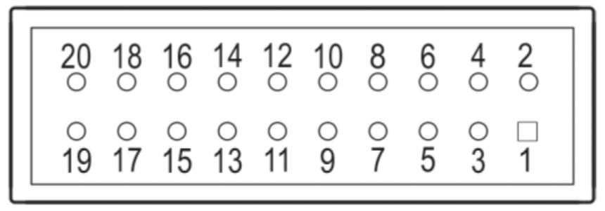 Model 805-SG SPI connector pin numbering, 20 pin double-row header with even pins 20 to 2 on the top row and odd pins 19 to 1 on the bottom row, pin 1 keyed with a square pad