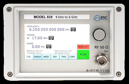 Model 835 front panel with lit touch screen display showing frequency, power and phase