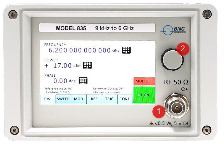 Model 835 front panel with touch screen display and RF output