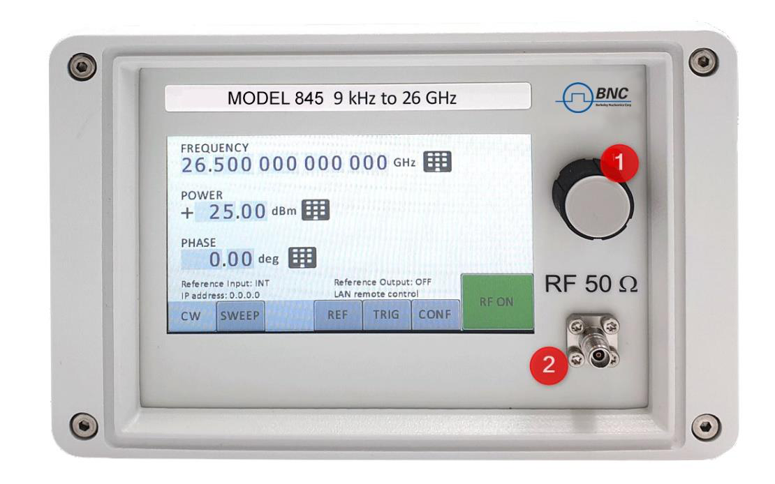 Model 845 front panel: rotary knob/button and RF 50 ohm connector