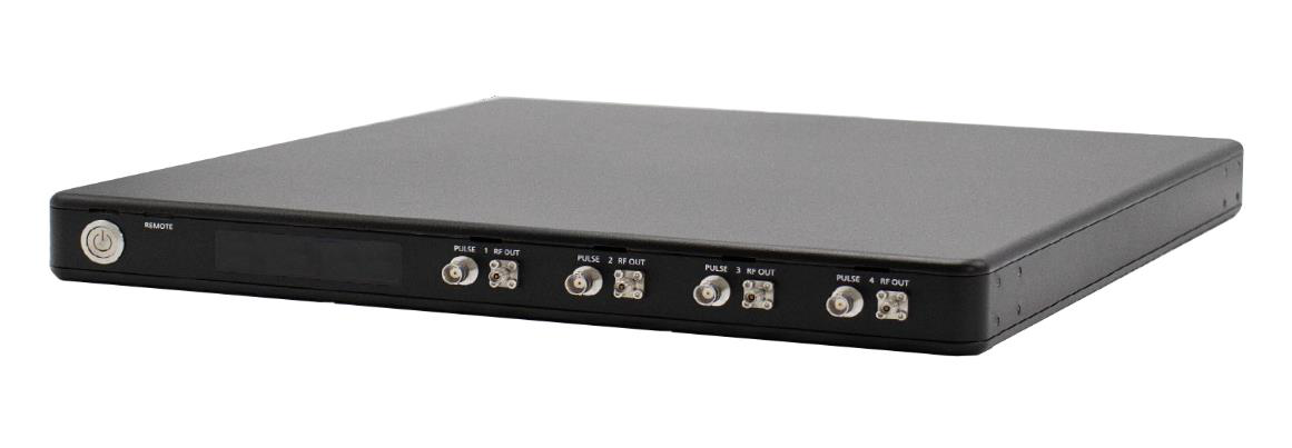 Model 855B high isolation 19 inch 1U casing (Option HI) front panel with remote indicator and per-channel PULSE and RF OUT connectors