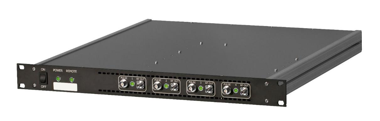 Model 855B standard 19 inch 1U rack-mount casing, four-channel front panel with power, remote and per-channel PULSE and RF OUT connectors