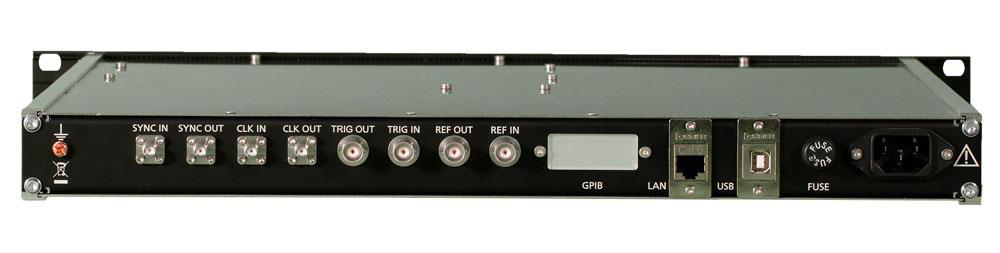 Model 855B rear panel with SYNC, CLK, TRIG, REF, GPIB, LAN, USB and power connectors