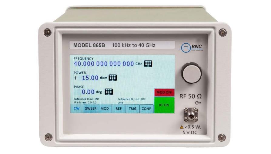 Model 865B front panel: color touch display, RF output connector (RF 50 Ohm), and rotary knob