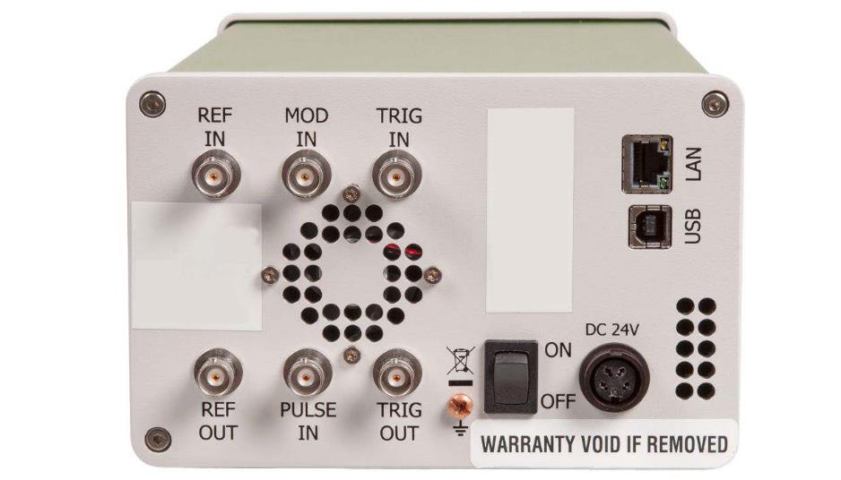 Model 865B rear panel: REF IN, MOD IN, TRIG IN, REF OUT, PULSE IN, TRIG OUT BNC connectors, LAN, USB, DC 24V power input and ON/OFF switch