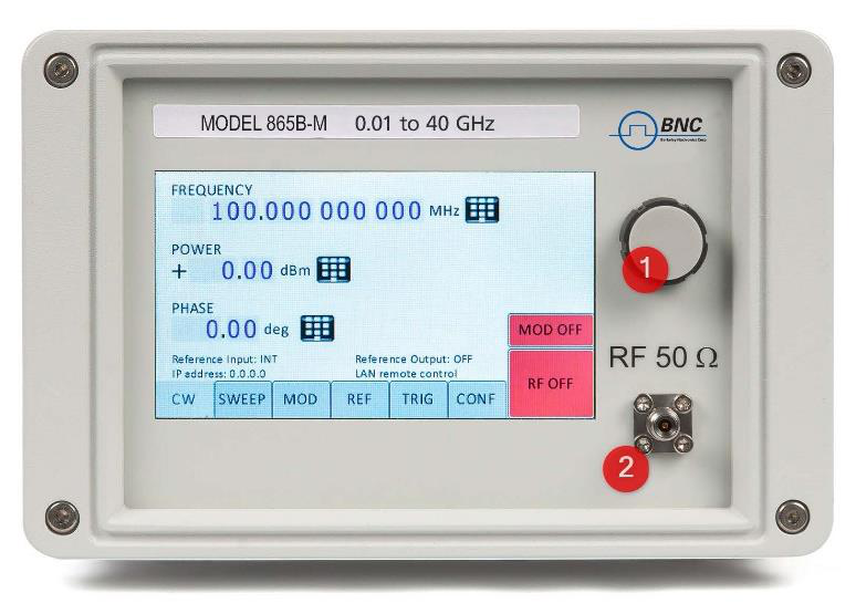 Model 865B-M front panel: rotary button and RF 50 ohm K-type output