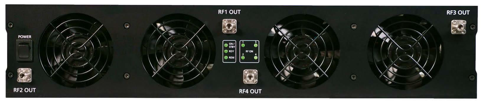 Model 871 multi-channel 19-inch 2U front panel, showing cooling fans and RF OUT 1 to 4 connectors
