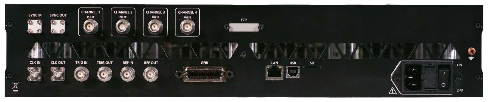 Model 871 multi-channel 19-inch 2U rear panel, showing SYNC, CLK, reference, trigger, PULM, GPIB, LAN, USB, SD slot, fuse and AC power connectors