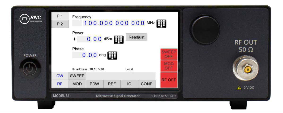 Model 871 single-channel desktop front panel, showing power switch, rotary knob, touch display and RF OUT connector