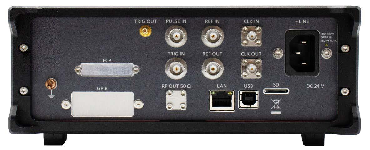 Model 871 single-channel desktop rear panel, showing trigger, reference, CLK, PULSE IN, GPIB, LAN, USB, SD card slot and AC power connectors