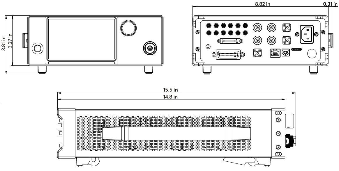 Model 871 desktop enclosure outline drawing with dimensions: front, rear and side views