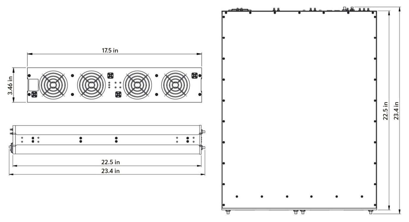 Model 871 rackmount 19-inch 2U outline drawing with dimensions: front, side and top views