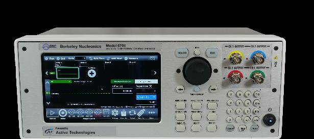 Front panel of the Berkeley Nucleonics Model 670C showing the touch display, navigation wheel, and channel outputs