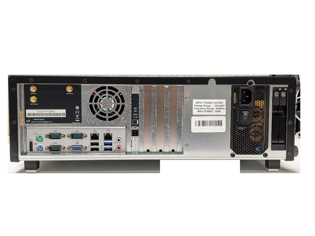 Model 676 rear panel showing clock, sync, USB, Ethernet, monitor, and AC power connectors