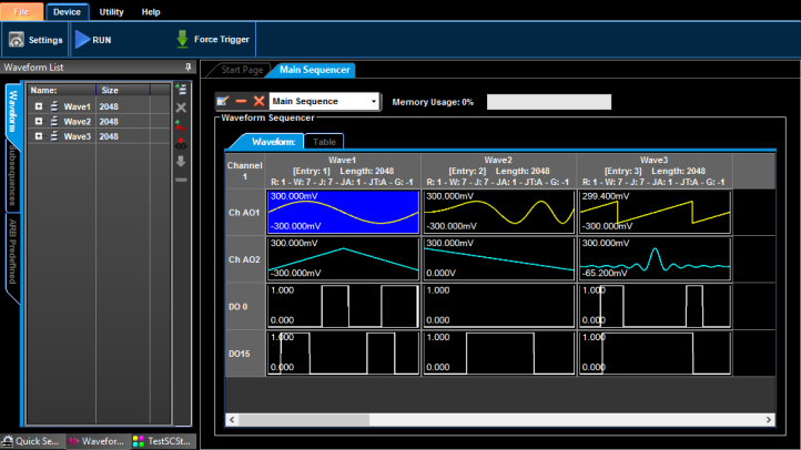 Expert Rider sequencer showing analog and digital waveform entries in a multi-step sequence