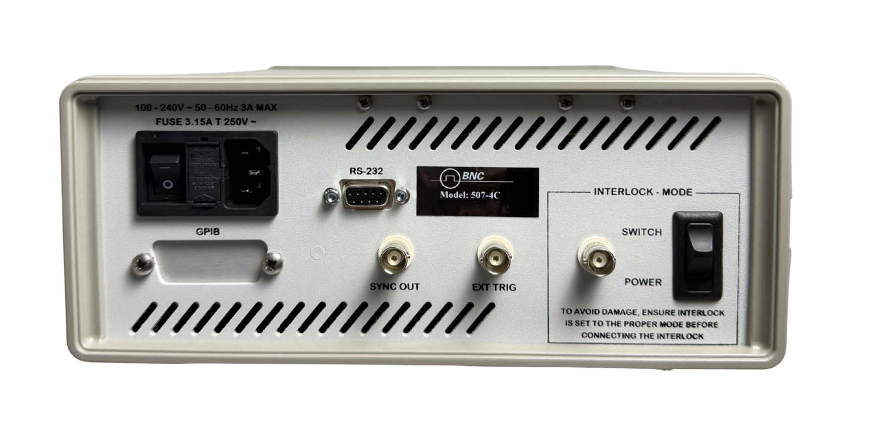 Model 507 rear panel with GPIB, RS-232, sync, trigger, and interlock