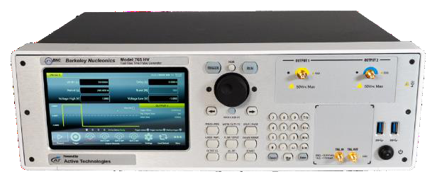 Model 765-HV front panel: 7 inch touchscreen, rotary encoder, and front-panel pulse, trigger, and USB connectors